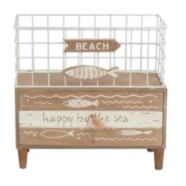 DKD Home Decor Joyero Mediterraneo Colección Pollença Marrón Blanco con Peces, Madera y Metal, 26.5x10.5x28.5 cm