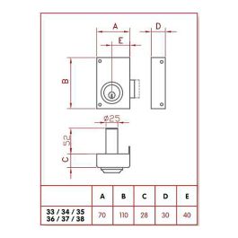 Jis Cerradura de sobreponer solo llave izquierda 33-7i, cilindro fijo 52mm, 3 llaves, dorado