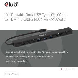Club3D CSV-2550 USB-C 10 en 1 Hub HDMI/3xUSB-C/3xUSB/LAN 8K30Hz PD140W para Portátiles