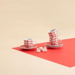 Quid Set 6 Tazas con Plato de Porcelana Kansas 9 cL, apto lavavajillas y microondas, color rojo