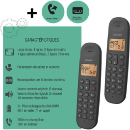 Logicom Teléfono Fijo Inalámbrico DECT ILOA 255T DUO Negro con Contestador Automático