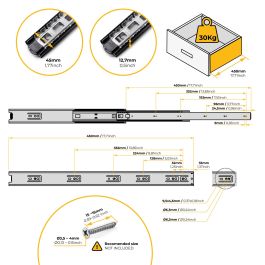 Emuca Lote de 5 juegos de guías para cajones, de bolas, altura 45mm, profundidad 450mm, extracción total, Negro