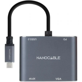 Nano Cable 10.16.4304 Conversor USB-C Macho a HDMI 4K Hembra, VGA Hembra, USB-C PD Hembra, USB Hembra, 15cm, Gris