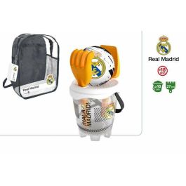 Real Madrid Set de Playa Mochila Cubo Castillo con Pala, Rastrillo y Balón 13cm - Diámetro 18cm - Edad +3 Años