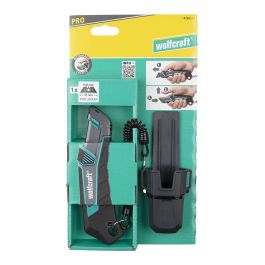 Wolfcraft Cúter de Seguridad con Funda y Cordón, Cuchilla Pro Sharp, Ergonomía Óptima para Diestros y Zurdos