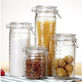 DKD Home Decor 1,4/1,1/760ml Bote de Cristal e Inox Transparente, Set de 4 con 2 Litros de Capacidad, 10x33x10 cm