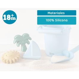 KioKids Set Juego de Playa 100% Silicona Azul de 5 Piezas (Cubo, Pala, 3 Moldes) para Niños +18 Meses Suave y Seguro