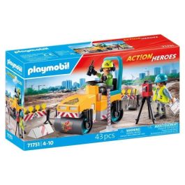 Playmobil 71751 Construcción De Carreteras Action Heroes: Set con Rodillo Compactador, Medidor Láser y Accesorios para Niños +4 años