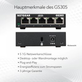 Netgear GS305v3 Switch Ethernet Gigabit No Gestionable 5 Puertos RJ-45 (10/100/1000 Mbps) 10 Gbps Metálico EU