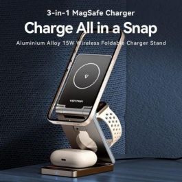 Vention FGFH0 Cargador Inalámbrico 3 en 1 MagSafe Plegable 15W para iPhone, iWatch y AirPods, Aleación Aluminio Gris