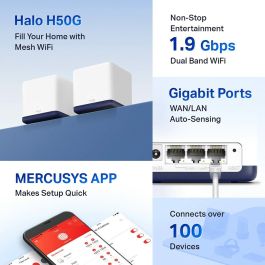 Mercusys Halo H50G Sistema Wi-Fi Malla para Hogar, Doble Banda 2.4/5 GHz, Wi-Fi 5 (802.11ac), Pack de 2 Nodos, Color Blanco