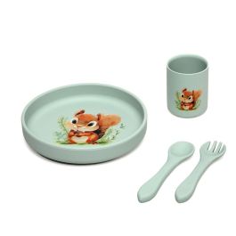 KioKids Set Vajilla de Silicona con Ventosa para Bebé +6 Meses, Plato, Vaso y Cubiertos Flexibles, Diseño Ardilla Verde, Ideal para Baby-Led Weaning (BLW) y Alimentación Autónoma