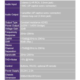Vivolink VL120004 Amplificador de audio digital Clase D 2x20W con 2 entradas de línea y 1 MIC, control EQ y RS232