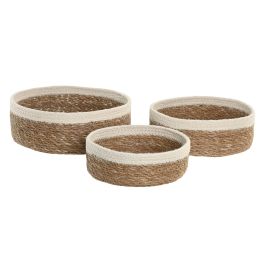 DKD Home Decor Cesta Boho de Seagrass y Yute Natural/Blanco, Set de 3 Cestas Decorativas de 25 x 9 x 25 cm (2 Unidades)
