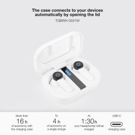 TooQ TQBWH-0031W Auriculares Inalámbricos Bluetooth 5.1 con Micrófono y Estuche de Carga USB-C, Autonomía 18h, Blancos