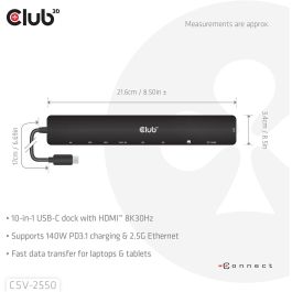 Club3D CSV-2550 USB-C 10 en 1 Hub HDMI/3xUSB-C/3xUSB/LAN 8K30Hz PD140W para Portátiles