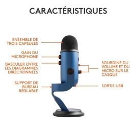 Logitech G Blue Yeti Micrófono USB Premium Azul para Grabación, Transmisión, Juegos, Podcast en PC y Mac con Blue VO!CE