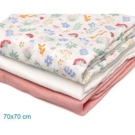 KioKids - Set de 3 Muselinas 70x70 cm en Rosa, Blanco y Flores, Bambú y Algodón, Certificado Oeko-Tex Standard 100