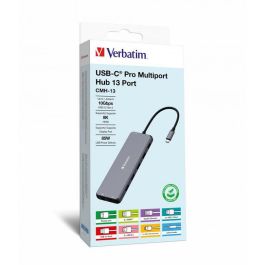 Verbatim USB-C Pro 13-Port Multiport Hub: Dual HDMI 8K, DP 8K, RJ45 1Gb/s, 3x USB-A 5Gb/s, 1x USB-A 10Gb/s, 2x USB-A 480Mb/s, 2x USB-C PD 100W Precio: 112.94999947. SKU: B15CFHK5ZS