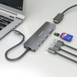 AISENS - USB-C DOCK 6 EN 1, USB-C A 1xHDMI, 2xUSB-A, 1xUSB-C PD 100W, 1xSD, 1xMICRO SD, GRIS, 15CM