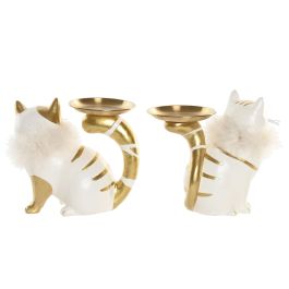 DKD Home Decor Figura de Gato con Bandeja Resina Blanco Dorado 10.5 x 17 x 21 cm (4 Unidades)