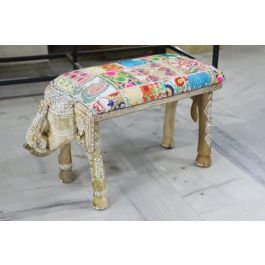 DKD Home Decor Descalzadora de estilo Indio con diseño Elefante, Multicolor, Fabricada en Madera de Mango y Poliéster 31.7x38x65 cm