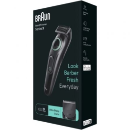 Braun BeardTrimmer Series 3 BT3411 - Recortadora de Barba Recargable con 50 min Autonomía, 40 Ajustes, Incluye 2 Peines y Cepillo, Negro/Verde