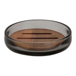 Andrea House Jabonera de cristal gris y acacia ba73071 - Ø 11,5 x 3 cm, Gris / marrón, Cristal / madera de acacia