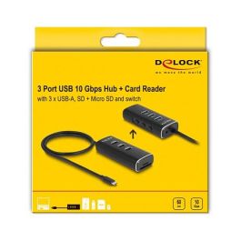 DeLOCK Hub USB 3.2 Gen 1 de 3 Puertos y Lector de Tarjetas SD/Micro SD, Conector USB-C, Cable 60 cm, 10 Gbps, Interruptor por Puerto, Negro