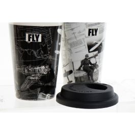 DKD Home Decor Mug Vintage de Porcelana y Silicona, Juego 6 Unidades, 400 ml - Diseño Aviación Negro Blanco 9.7x14x9.7 cm