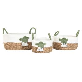 DKD Home Decor Cesta Boho de Fibra y Algodón Blanco Verde Natural 30x30x15 cm Set 3 Piezas (2 Unidades)