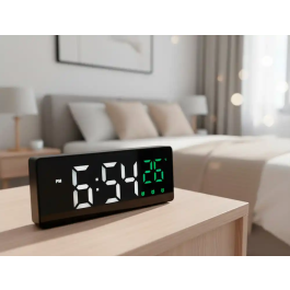 Q-connect Reloj Digital Sobremesa con Temperatura, 3 Alarmas y Control de Voz, 160x60x25mm