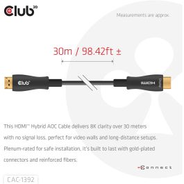 Club 3D CAC-1392 Cable HDMI 2.1 Activo Óptico 8K60Hz UHD HDR eARC 48Gbps Doble Conector A Macho Derecho 30 Metros Negro