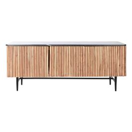 DKD Home Decor Mueble TV Moderno Listones Marmol Negro Marron Natural Acacia Marmol 4 Puertas 145 x 60 x 45 cm