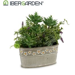 Ibergarden Maceta de Piedra Ovalada para Plantas, Plastico y Cemento, 25x29x15 cm, Verde y Gris (6 Unidades)