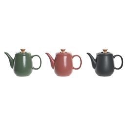 DKD Home Decor Lianfeng 21 Tetera Scandi Hecha a Mano Gres y Rubberwood 1L Verde y Rosa, Apto Microondas y Lavavajillas (3 Unidades)