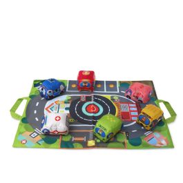 KioKids Circuito de Coches Manta de Actividades Textil con 6 Vehículos Blanditos Convertible en Bolsa Portátil Multicolor +12 meses