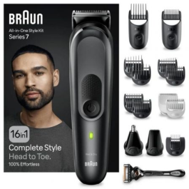Braun MGK7470 Recortadora Serie 7 para Hombre Inalámbrica 16 en 1 con 5 Accesorios y Batería de Iones de Litio, Color Negro