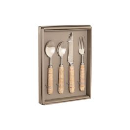 DKD Home Decor Cubertería Tropical de Acero Inoxidable y Ratán, Juego de Cubiertos Natural y Plateado, Set de 16 Piezas para Comedor o Mesa