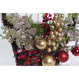 DKD Home Decor Decoración Pared Navidad Moderna con Cesta Muérdago de PVC y Ratán Colores Rojo Dorado 40x30x10 cm