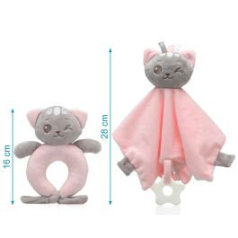 KioKids Set Doudou y Sonajero Gatito Rosa Suave, para Bebé +0 Meses con Mordedor y Sonidos, ayuda a conciliar el sueño