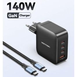 Vention FEIB0-EU Kit Carga Pared GaN 140W con 4 Puertos (3 USB-C, 1 USB-A) Carga Rápida Múltiple + Cable USB-C Negro