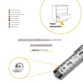 Emuca Juego de guías de bolas para cajones con extracción total, altura 45mm, longitud 450mm, Acero, Cincado