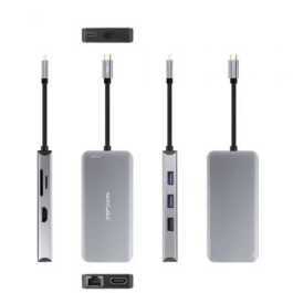 Nano Cable 10.16.1009 Docking Station USB-C 9 en 1 con 3xUSB, 2xHDMI 4K, 1xRJ45, Lector Tarjetas SD/TF, USB-C PD 100W - Gris