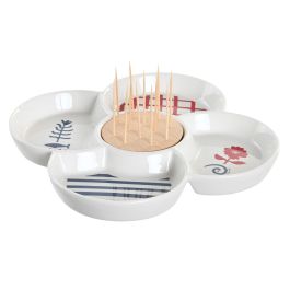DKD Home Decor Plato Aperitivo Casita Mediterránea Azul, Rojo y Blanco de Gres y Bambú 22x22x7 cm Apto Lavavajillas