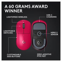 Logitech G PRO X Superlight 2 Ratón Gaming Inalámbrico Lightspeed MAGENTA, Óptico, 32000 DPI, 0.5 ms, Rosa