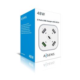 Aisens Cargador USB de Sobremesa 48W con 5 Puertos (4x USB-A, 1x QC3.0) Chip Inteligente AI Carga Rápida Blanco