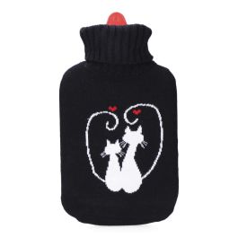 Edm Bolsa de agua caliente Gatos enamorados 2 l, negro con funda de lana, 20x34,5 cm