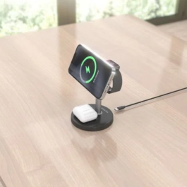 AISENS ASCH-15W3WC066-BK Cargador Inalámbrico 3 en 1 de 15W para Smartphone, Apple Watch y Auriculares, Negro