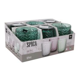 La Mediterranea Vaso Spica de 290 cc en color Verde, con un diámetro de 8 cm y altura de 10 cm, peso de 270 gramos. (48 Unidades)
